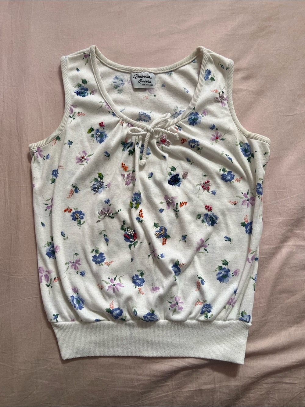 White Floral Fairy Beaded Tie-Front Tank Top